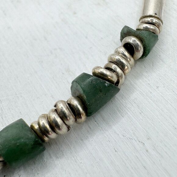 Vintage 950 Silver Nephrite Jade Stone Bead Bohemian Dainty Bracelet 5.7g 7” - Picture 7 of 12